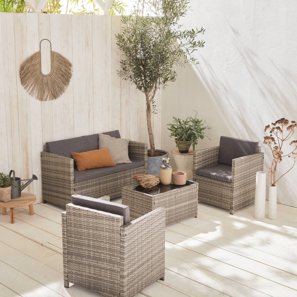 Salotto da giardino in resina intrecciata, 4 posti, scala di grigi