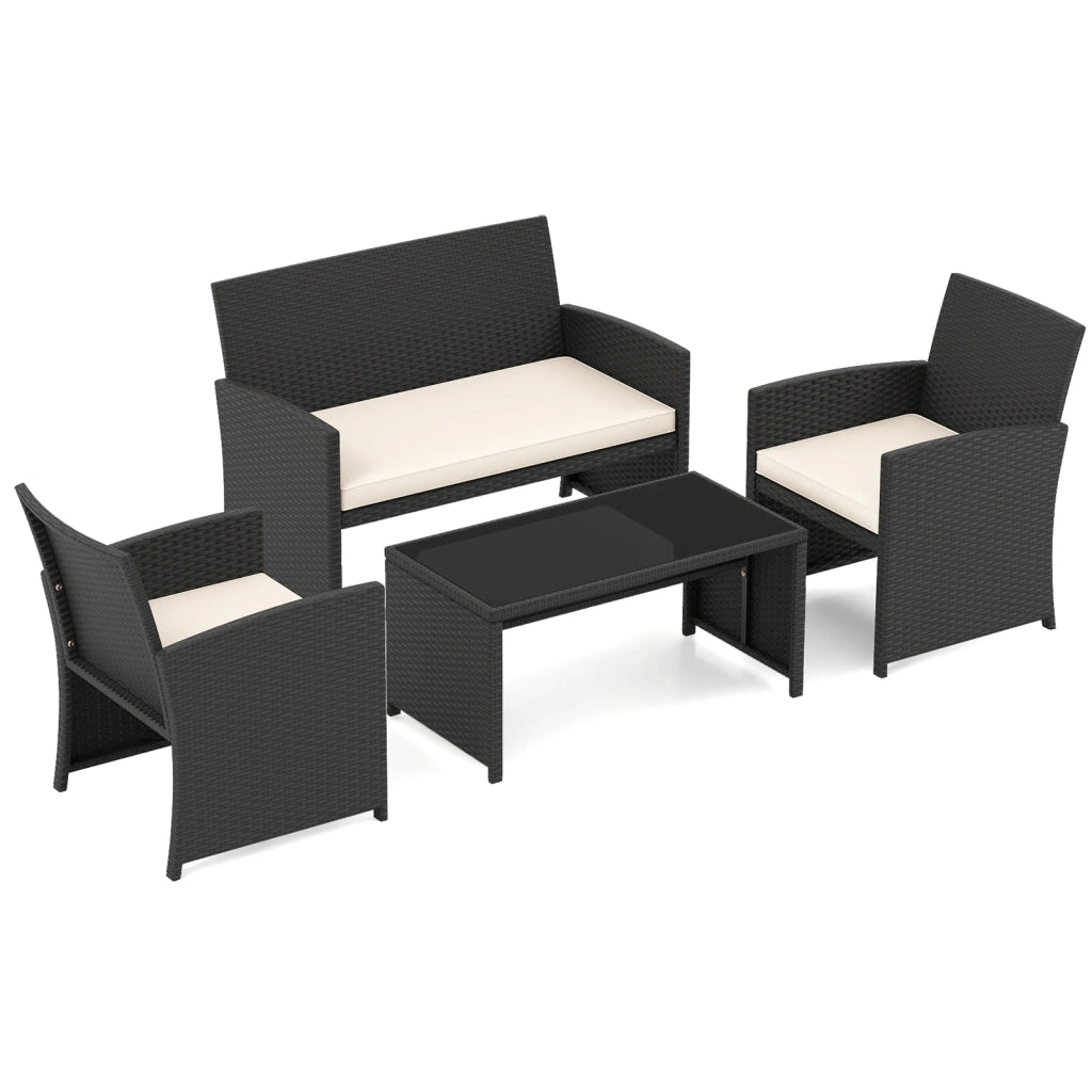 Set Mobili da Giardino 4 Pezzi in Rattan Bianco con Tavolino in Vetro Temperato e Cuscini Sfoderabili, per Esterno Balcone e Terrazzo