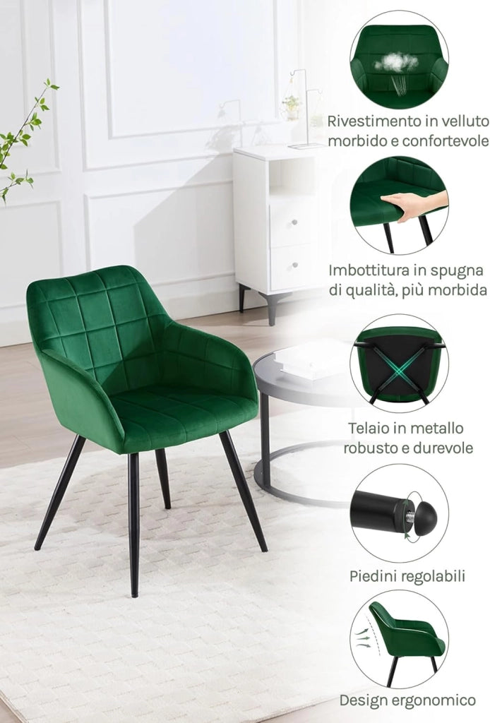Set di 2 Sedie per Sala da Pranzo Imbottita, Poltroncina in Velluto,Sedia da Cucina con Braccioli e Schienale, Gambe in Metallo, moderne, Verde scuro, BH93dgn-2