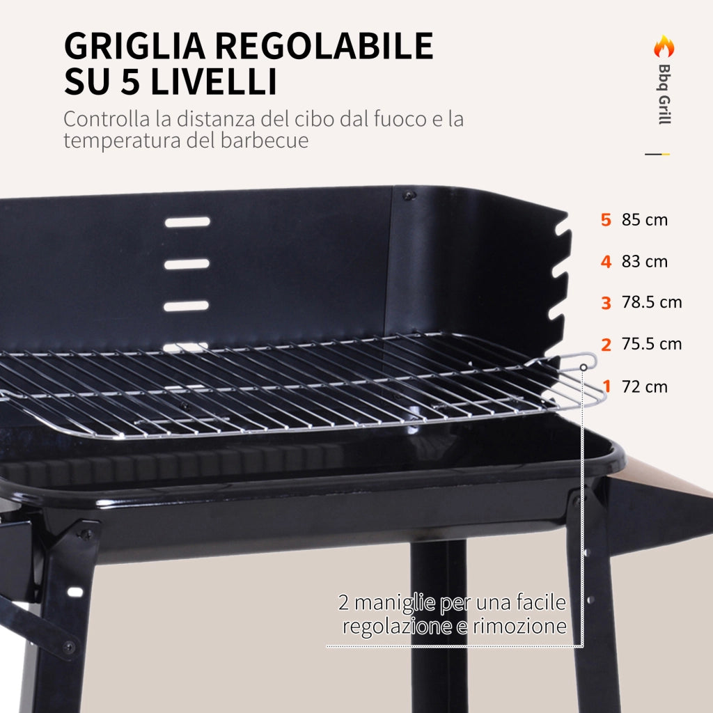 Barbecue a Carbone con Griglia Regolabile, Ripiani e Ruote, 83x37x87cm, Nero