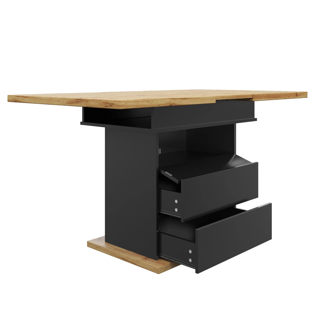 Tavolo da pranzo allungabile 110-140x80x75 cm con vano contenitore; MDF nero e naturale