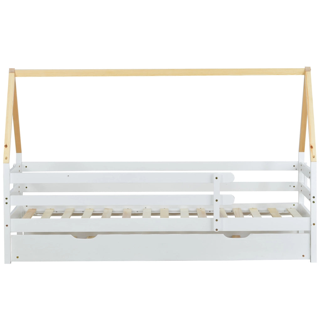 Letto a casetta bianco e naturale 90x200 cm con letto estraibile