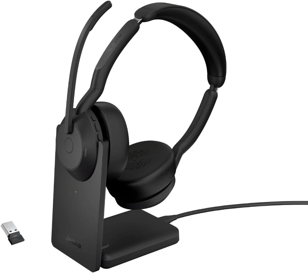 Jabra Evolve2 55 Cuffie Wireless Stereo con base di ricarica, USB-A dongle, Tutte le piattaforme, Stereo, Supporto incluso