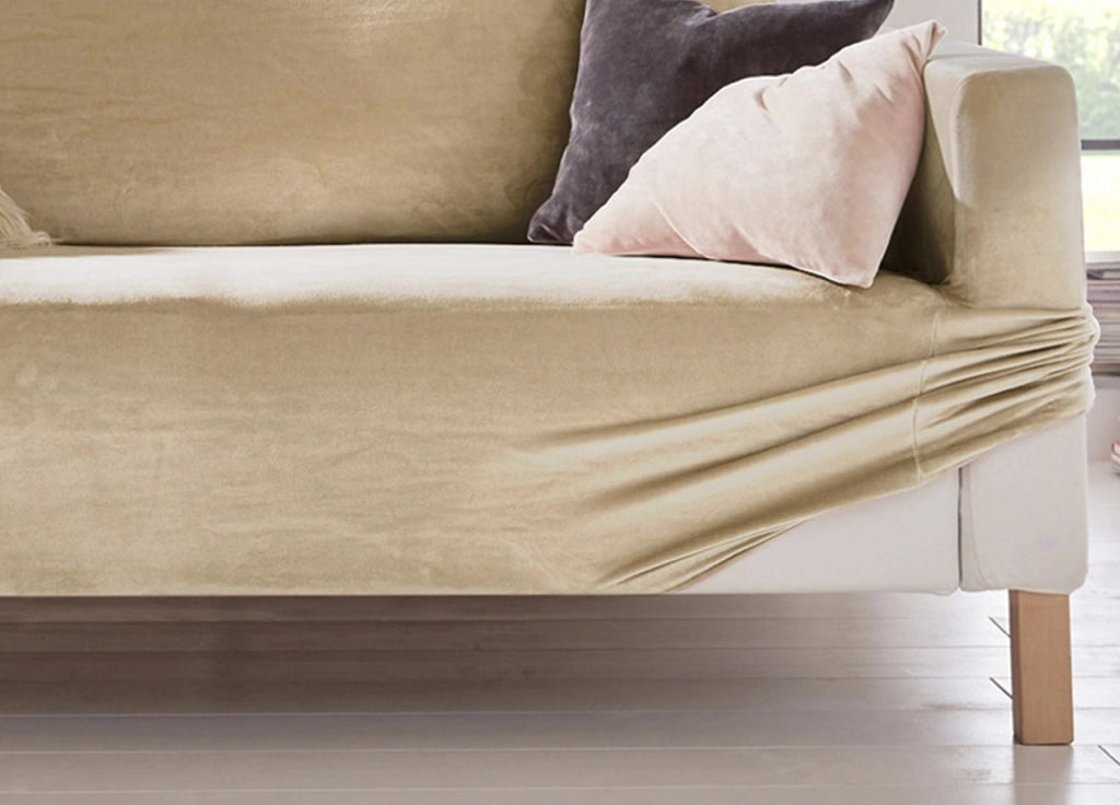 Copridivano Elasticizzato Effetto Velluto Modello Morbidissimo Colore Beige - 4 Posti - Beige
