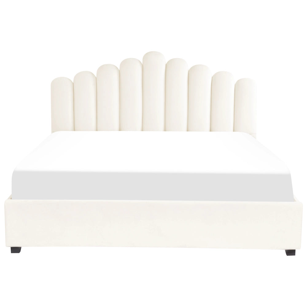 Letto contenitore matrimoniale rete a doghe velluto bianco sporco 180 x 200 testiera a conchiglia