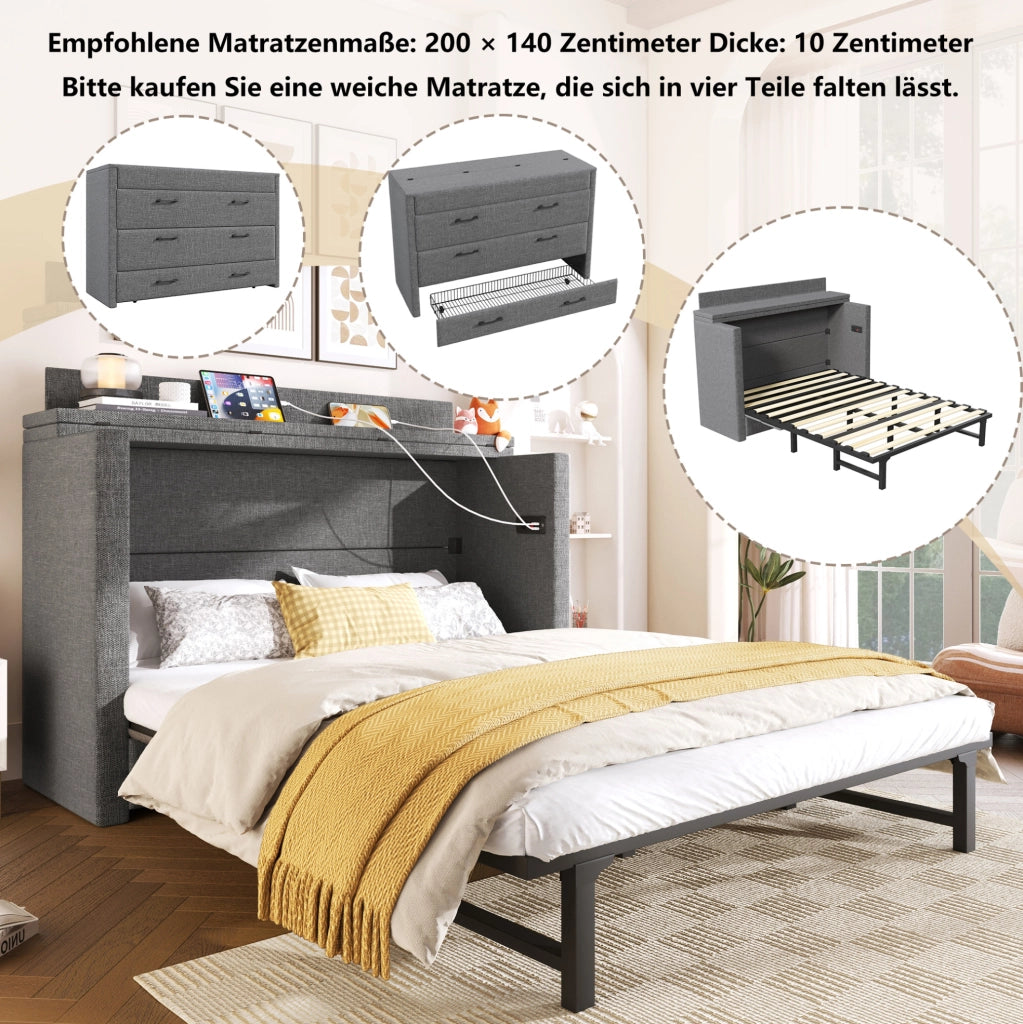 Letto a scomparsa 140x200 cm grigio in lino con cassetto USB-C