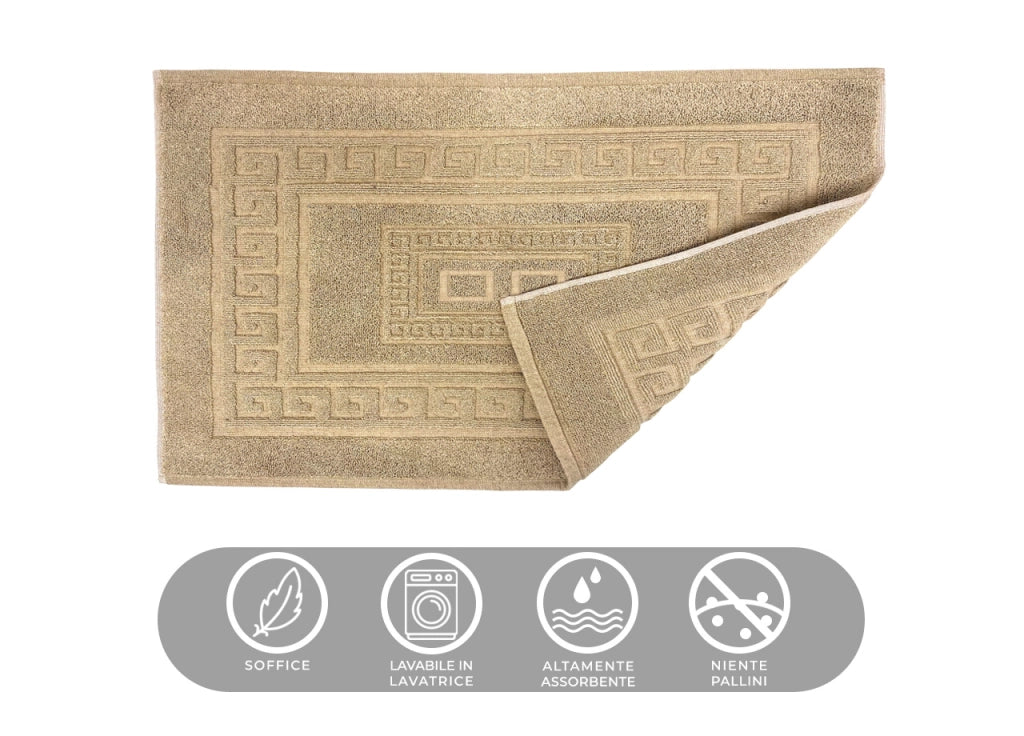 Tappeto Bagno Doccia Spugna Tinta Unita Torino Tappetino Super Assorbente In Cotone Pelo Corto Con Greca - Parure 3 Pezzi - Beige