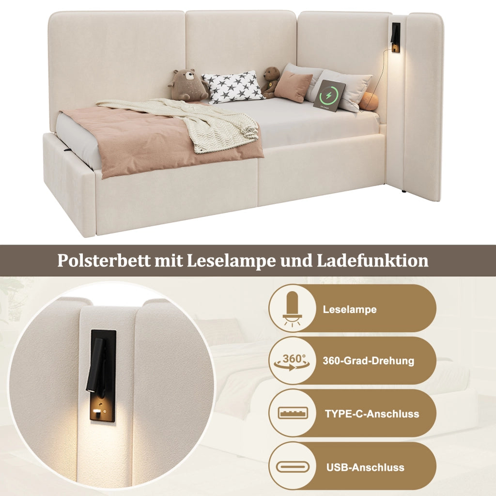 Letto con contenitore idraulico velluto beige 90x200 cm