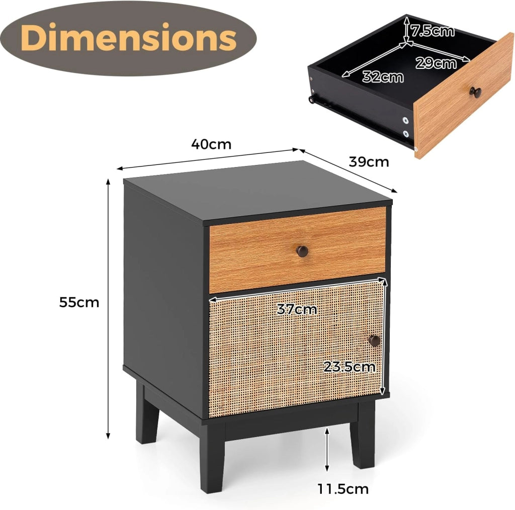 Comodino Camera da Letto con Cassetto e Anta in Rattan, Comodino Piccolo in Legno, Gamba di Pino, Dispositivo Antiribaltamento, Tavolino Vintage per Soggiorno, Studio, 40x39x55cm (Nero)