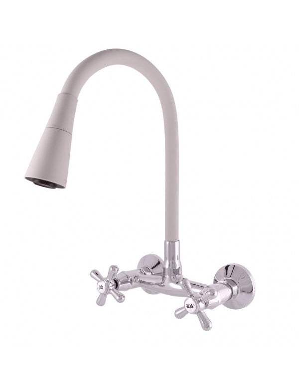 MORAVA RETRO Miscelatore per lavello con memoria da parete flessibile bianco in cromo