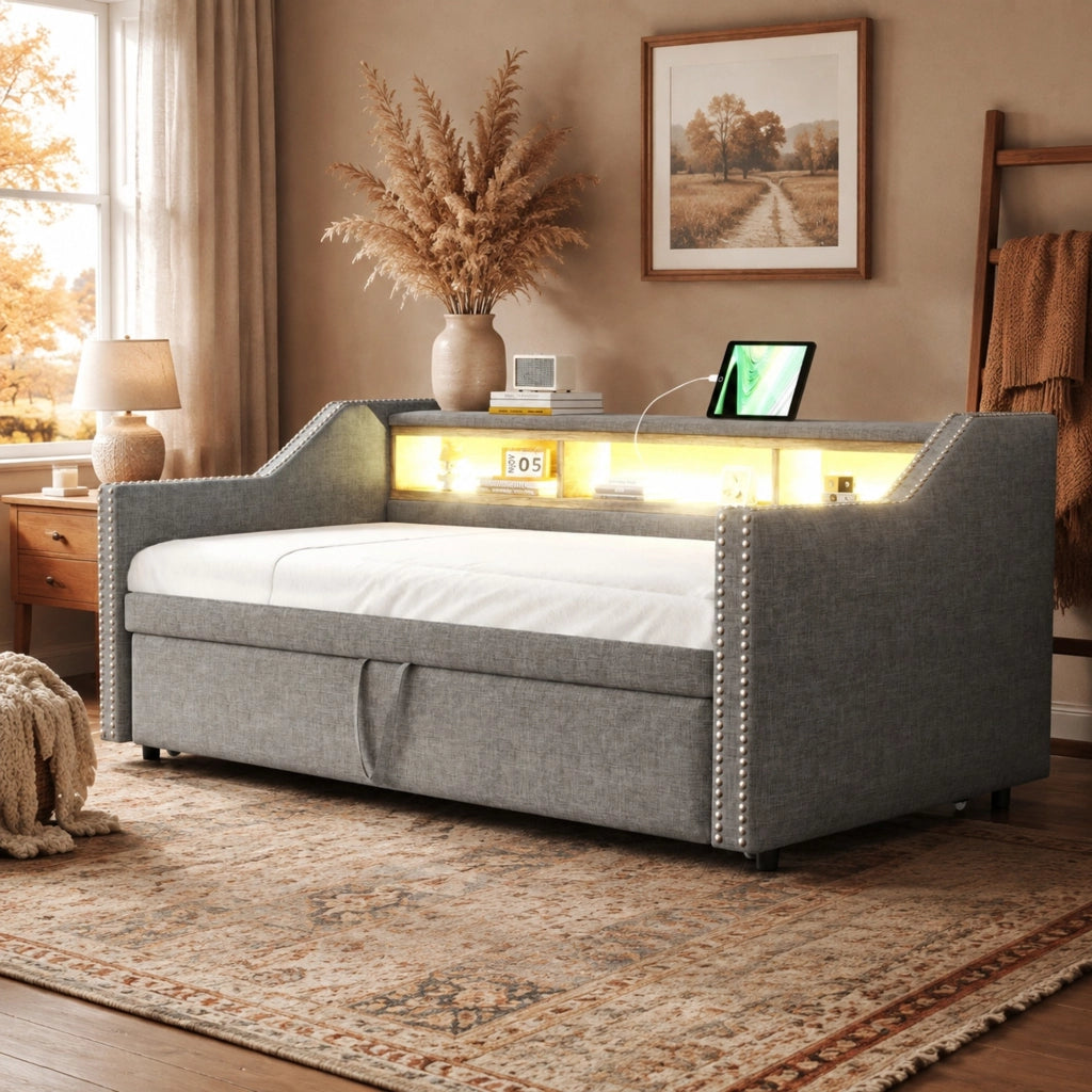 Divano letto imbottito estraibile 90/180 x 190 cm con vani portaoggetti; LED e USB; grigio chiaro