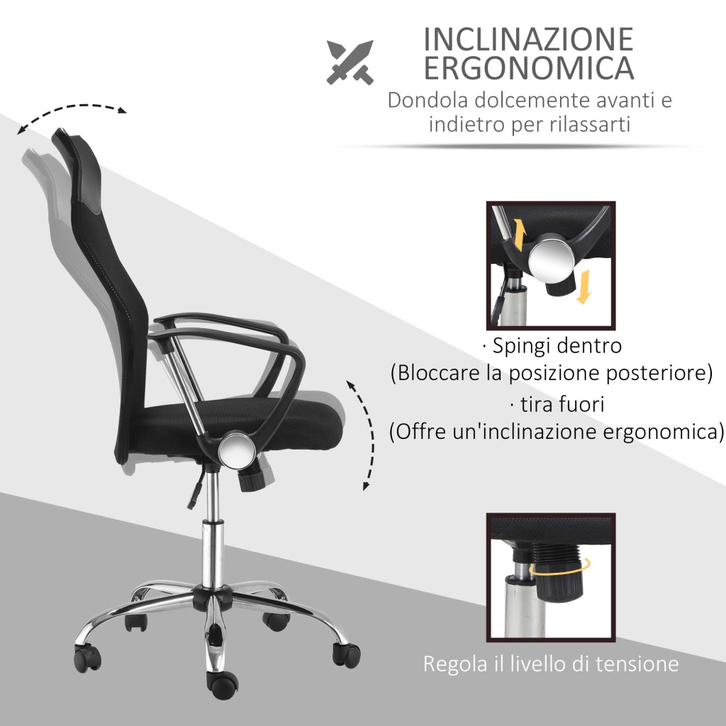 EasyComfort Sedia Ergonomica da Ufficio Girevole e Dondolo con Ruote, Altezza Regolabile e Schienale a Rete, 63x65x109-119 cm, Nero