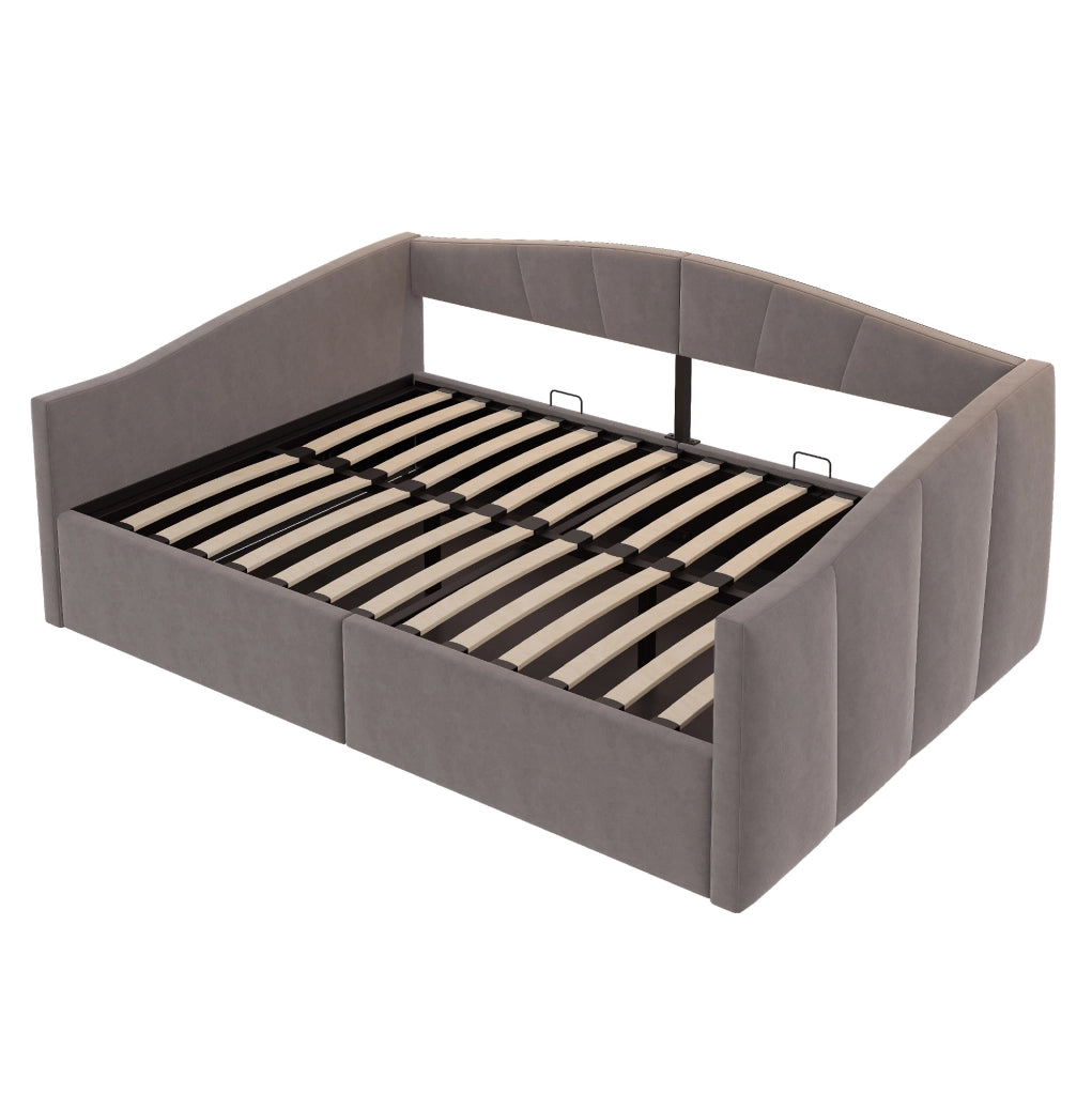 Divano letto imbottito 140x200 cm con contenitore idraulico; velluto grigio; rete a doghe