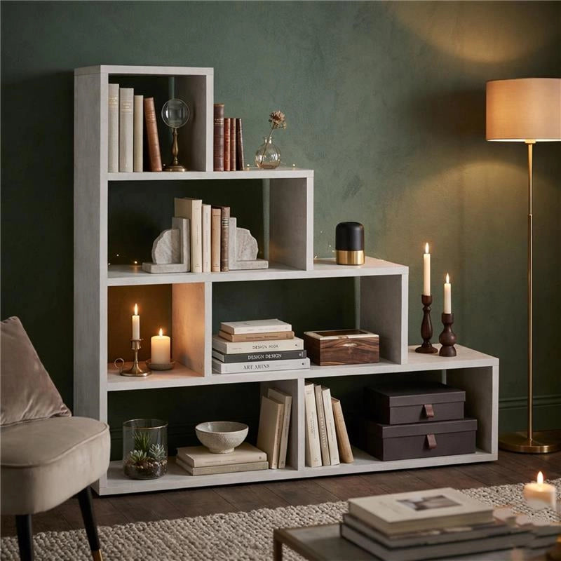SCAFFALE A LIBRERIA DI DESIGN A SCALA L IN LEGNO DIMENSIONI 144X150X38 CM, COLORE OSSIDO BIANCO