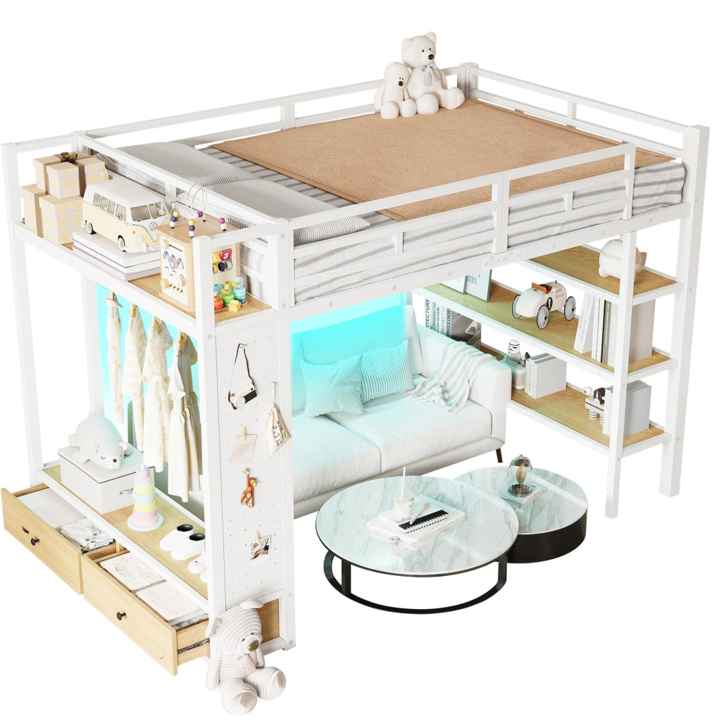 Letto a soppalco 140x200 cm con armadio aperto; ripiani; LED e parete forata bianco