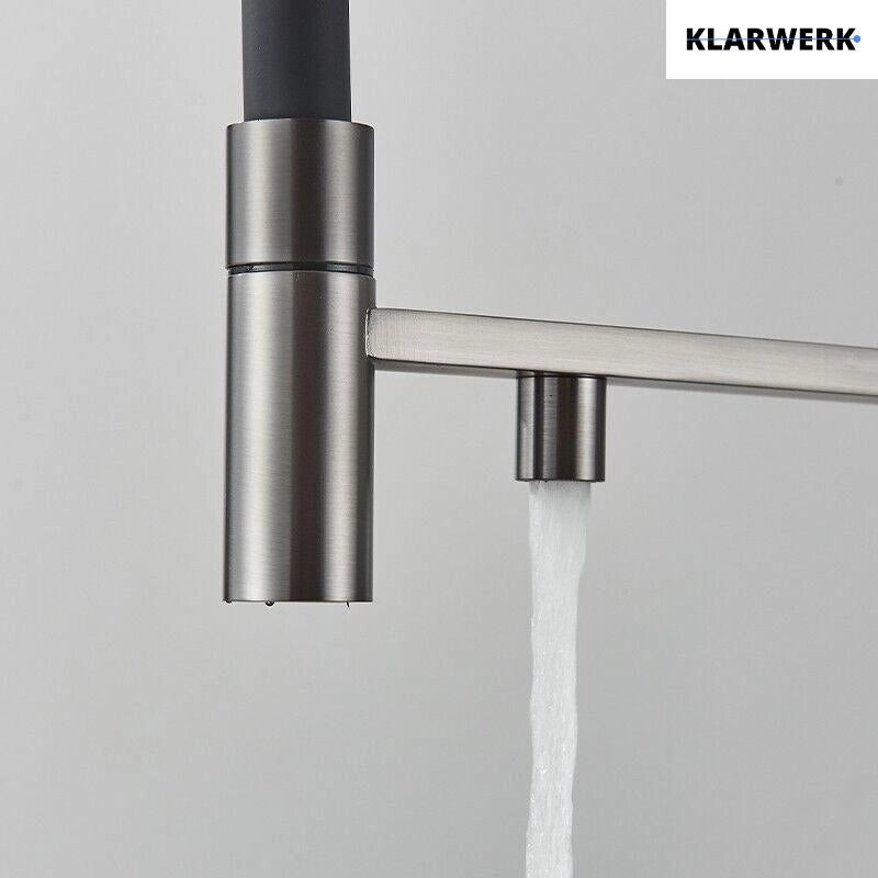 Lana | Rubinetto estraibile grigio nero a 3 vie | Miscelatore cucina per acqua potabile in acciaio inossidabile | Girevole a 360° Filtra 3 connessioni