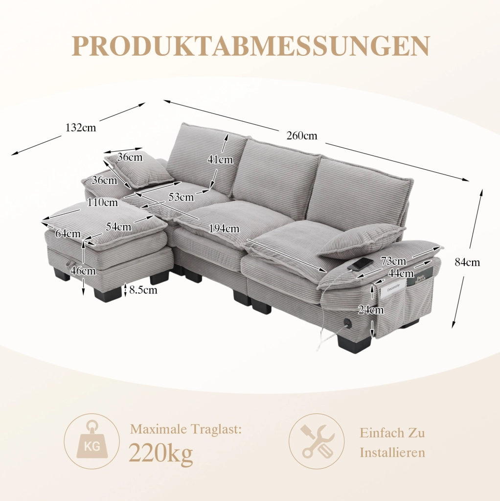 Divano modulare 3 posti con pouf; in tessuto effetto corda grigio chiaro; 260x132x84 cm