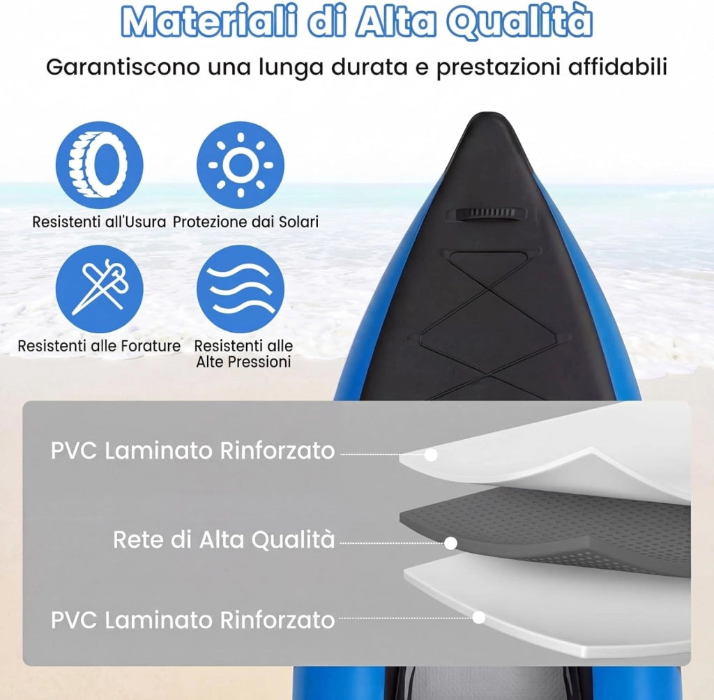 Kayak Gonfiabile 2 Posti, Kayak da Pesca Gonfiabile e Portatile 381 cm con 2 Sedili Imbottiti e Poggiapiedi Regolabili, Remi in Alluminio, Pompa a Mano, Ideale per Lago e Mare