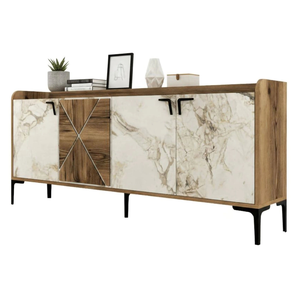 Credenza Also, Credenza da soggiorno, Armadio basso per TV, Base parete attrezzata, 180x35 h78 cm, Noce e Bianco Marmo