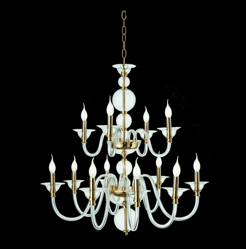 LAMPADARIO TEBE 12 LUCI TRASPARENTE E ORO ATTACCO E14 D.87CM