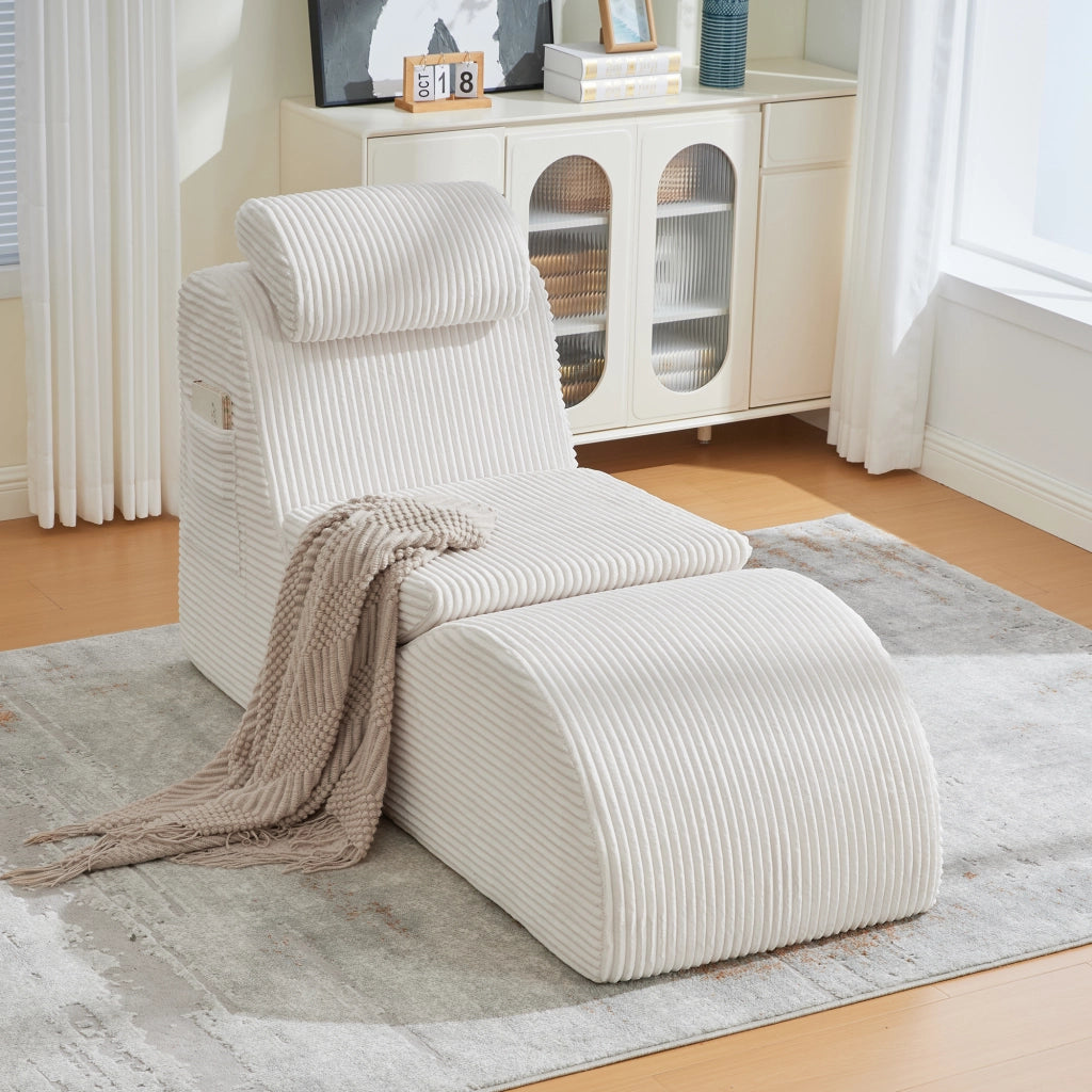 Poltrona singola ergonomica con tasca laterale e cuscino removibile in velluto a coste beige 160 × 66 × 90 cm
