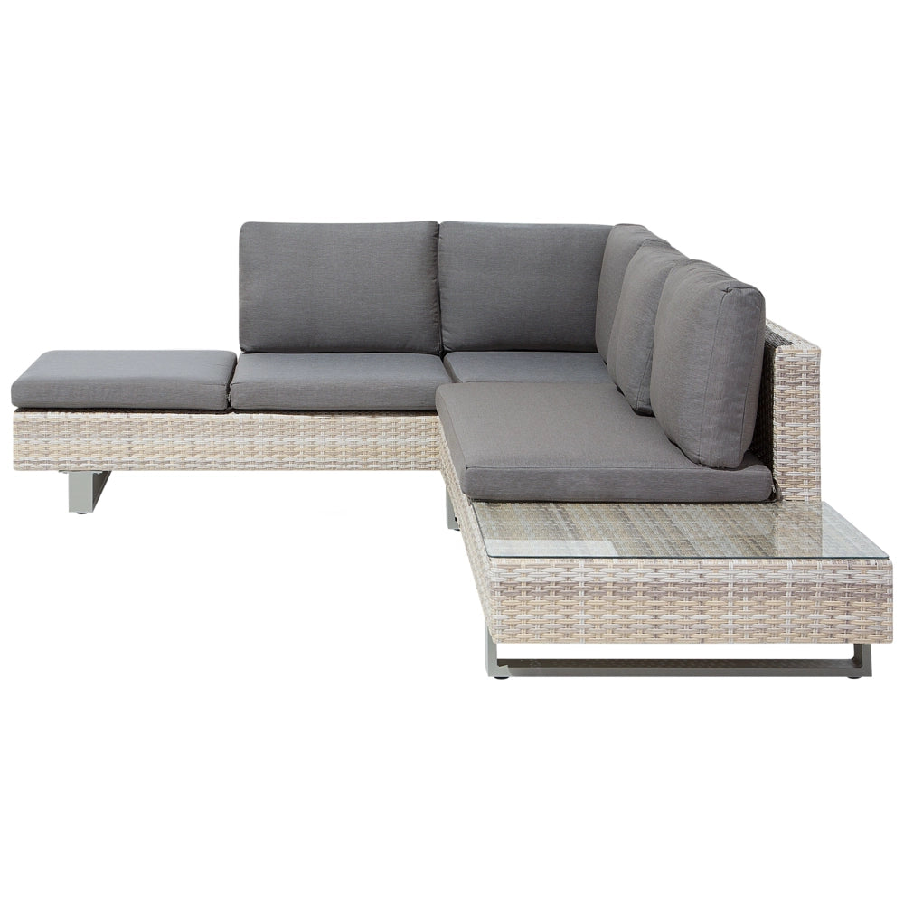 Divano ad angolo Set da giardino Cuscini grigi Beige 5 posti in rattan sintetico con tavolino da caffè