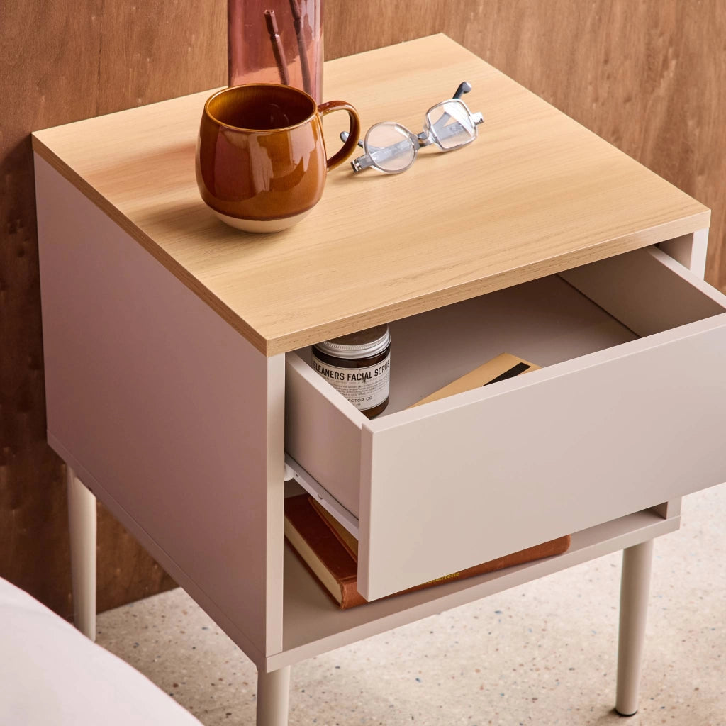 Comodino in metallo e decorazione in legno 1 anta 1 vano, beige