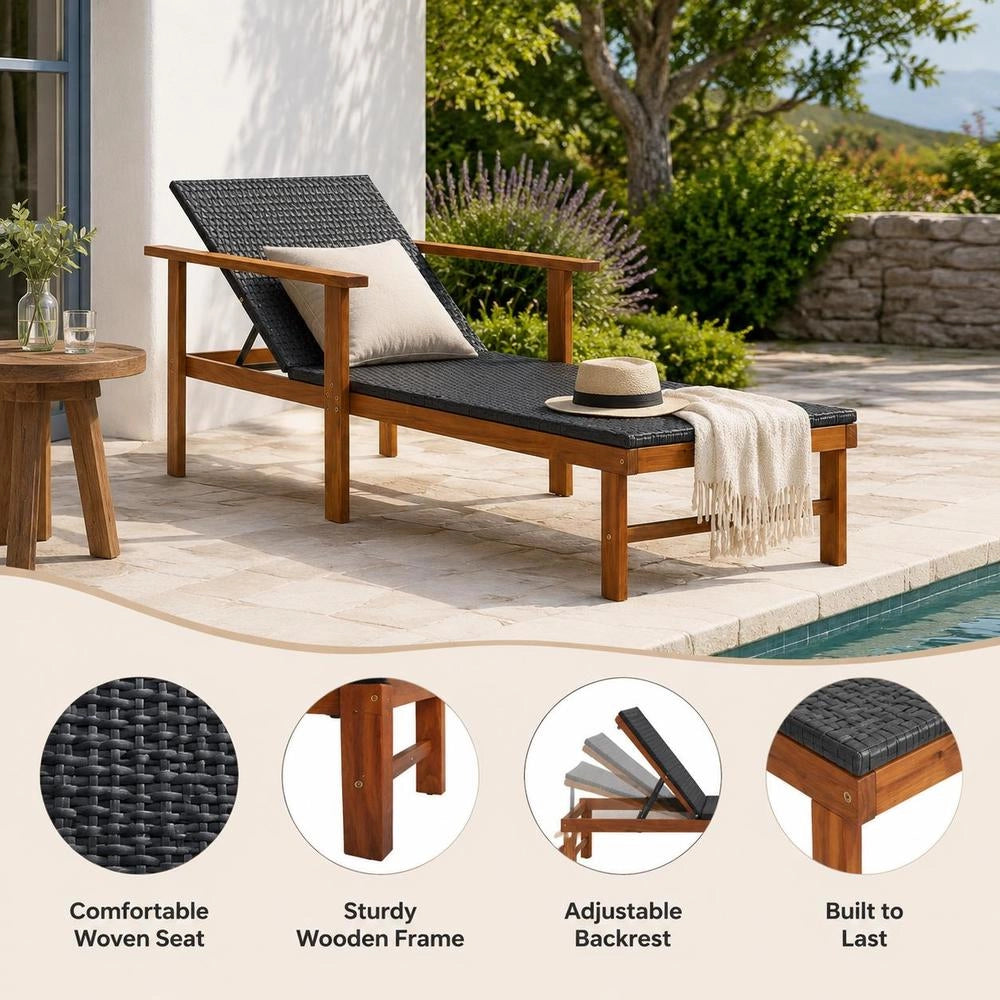 Sun Lounger Made Of Poly Rattan And Solid Acacia Wood, Black