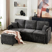 Divano angolare a 3 posti in chenille nero con chaise longue integrata, cuscini inclusi e struttura in legno