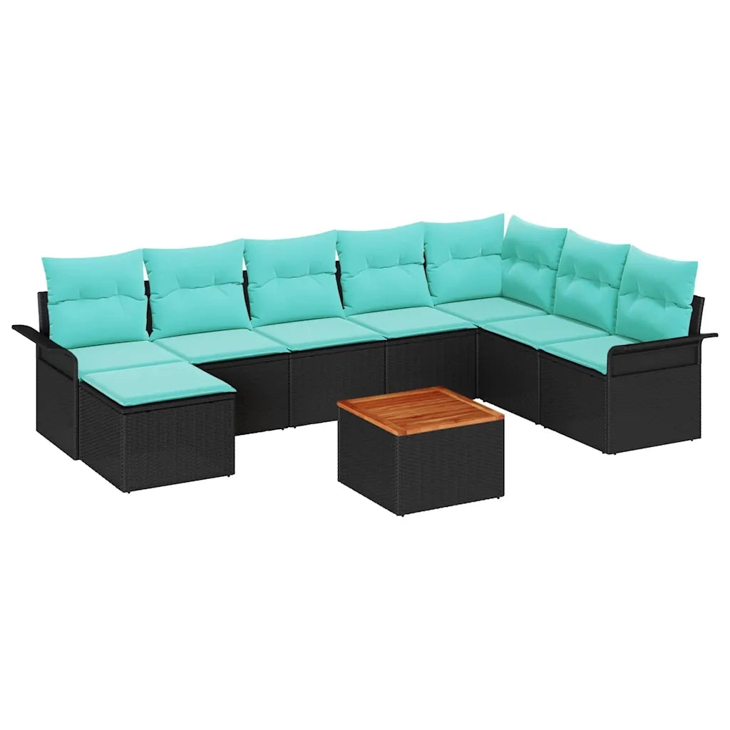 Set Divano da Giardino con cuscino 9 pcs Nero polyrattan