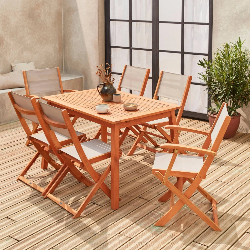Set tavolo da giardino rettangolare allungabile in legno con 6 sedie,