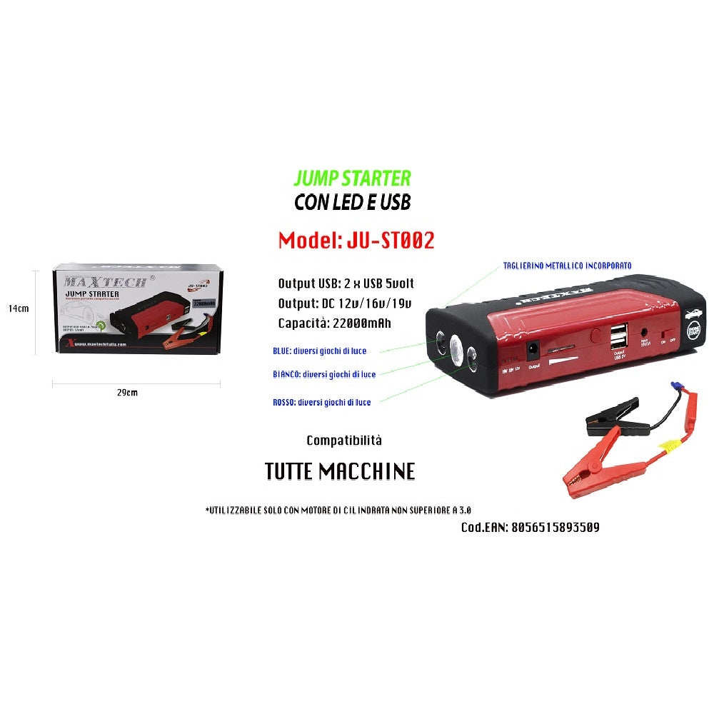 Trade Shop - Jump Starter Portatile 2200a Avviatore Batteria Auto Moto 12v Caricabatteria Usb -