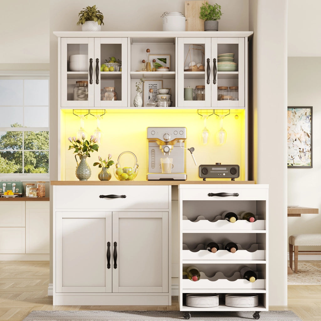Credenza con LED dimmerabile e carrello estraibile, per cucina e sala da pranzo, in MDF, bianco, 140 × 38 × 180 cm