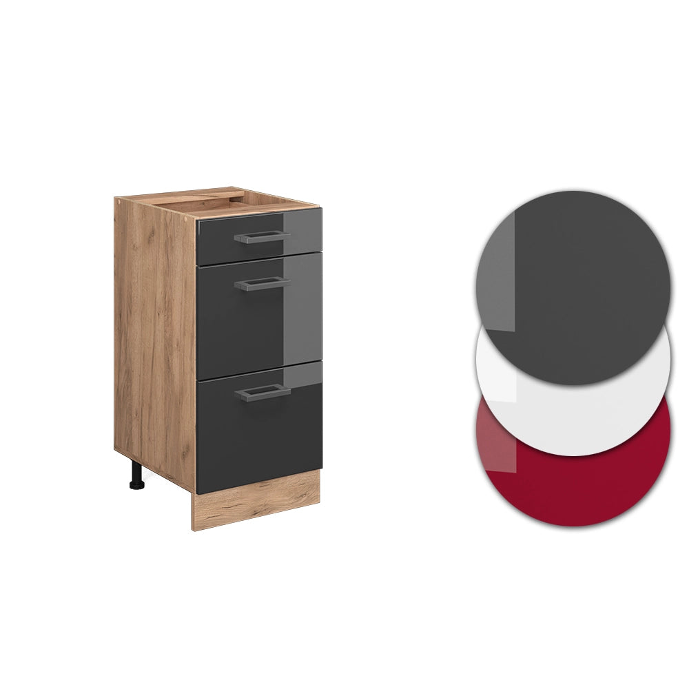 Mobiletto base per cucina R-Line Antracite lucido/Rovere dorato 40 cm con cassetti, senza piano di lavoro Vicco