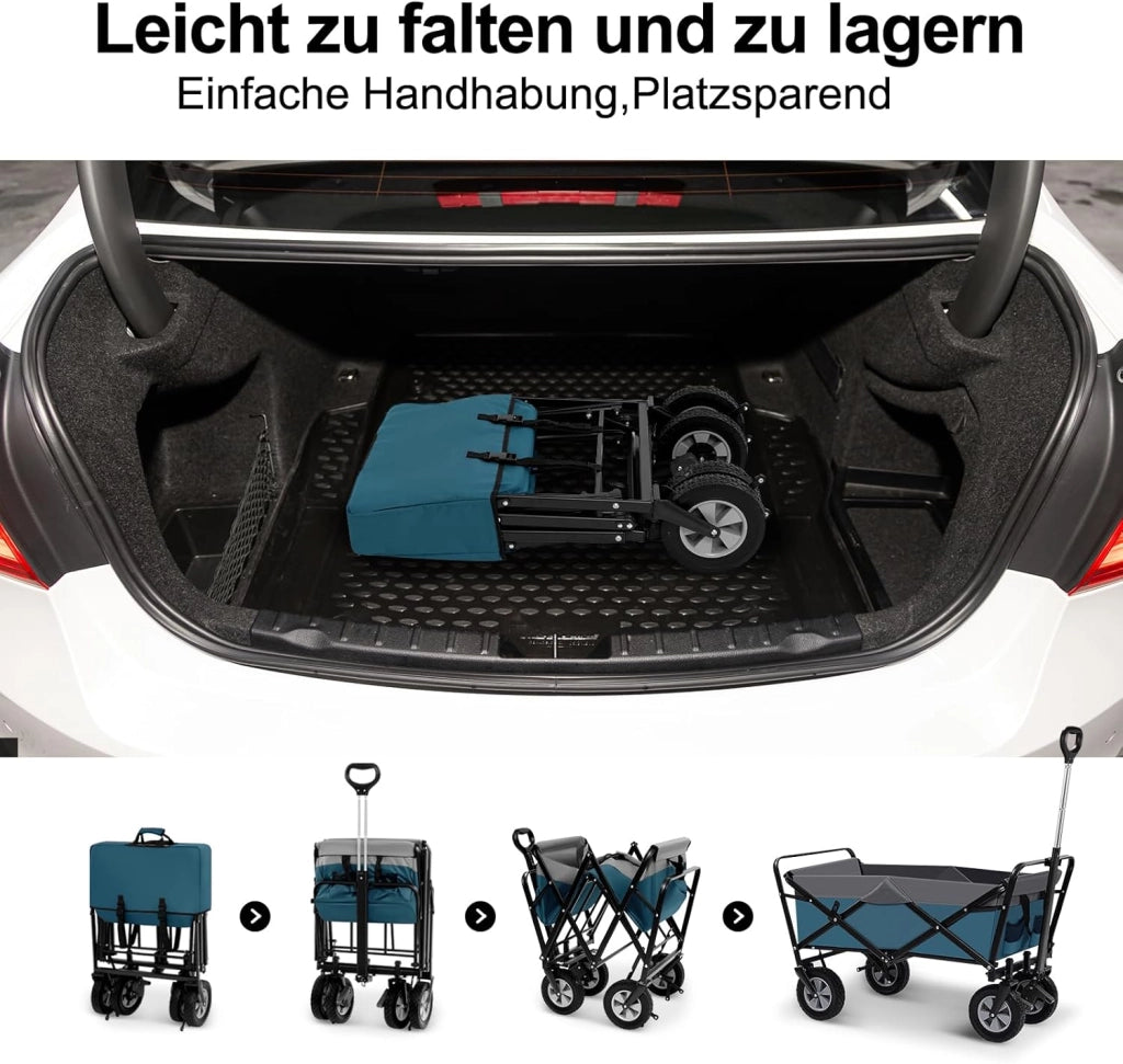 Carrello da Giardino Pieghevole, con Maniglia Regolabile, Carrello da Spiaggia Portatile con Tasche Laterali per Spesa, Picnic, Adatto a Vari Suoli, Portata 80 kg, Blu+Grigio