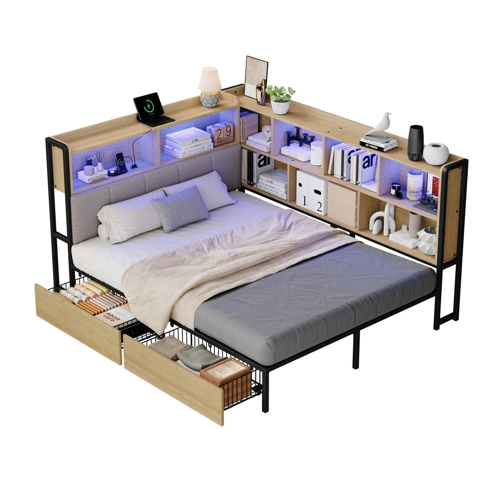 Letto Imbottito con LED, USB, 2 Cassetti e Rete a Doghe in Metallo ¨C Xylo ¨C 140x200, Naturale