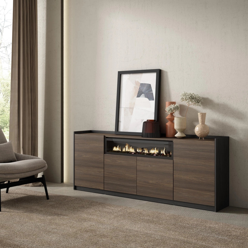 Credenza, Mobile, Cucina, 207x80x37 cm, 4 Porte, Camino elettrico, Rovere scuro e Nero