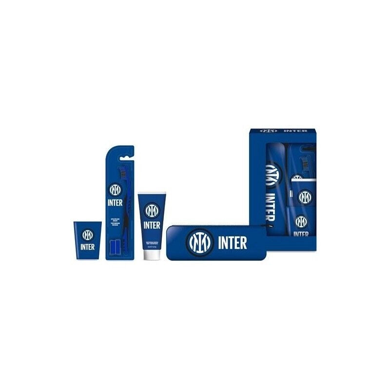 INTER COFANETTO REGALO SPAZZOLINO CON SETOLE MEDIE DENTIFRICIO ALLA MENTA 75ML, BICCHIERINO CON LOGO E ASTUCCIO