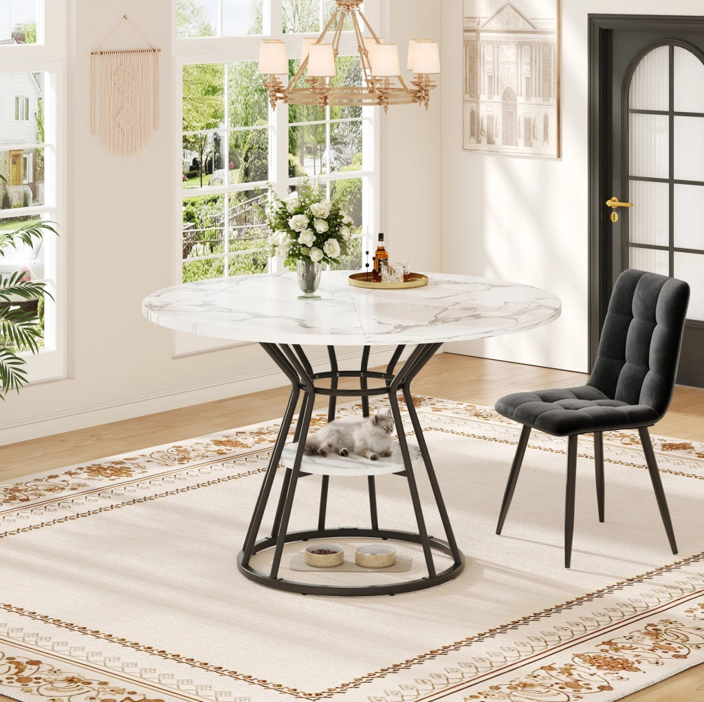 Tavolo da pranzo rotondo 100x100x76 cm con ripiano; MDF e metallo nero