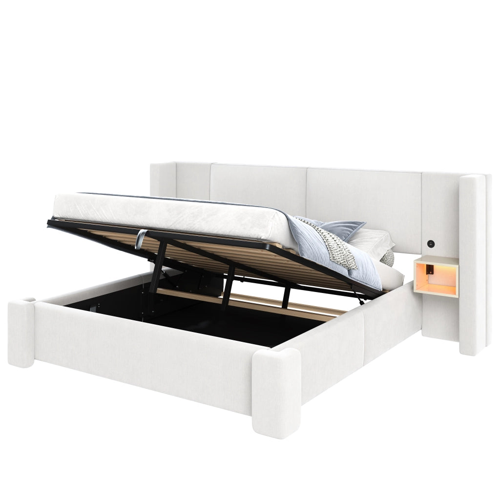 Letto contenitore 140x200 cm beige con LED e sollevamento idraulico in lino