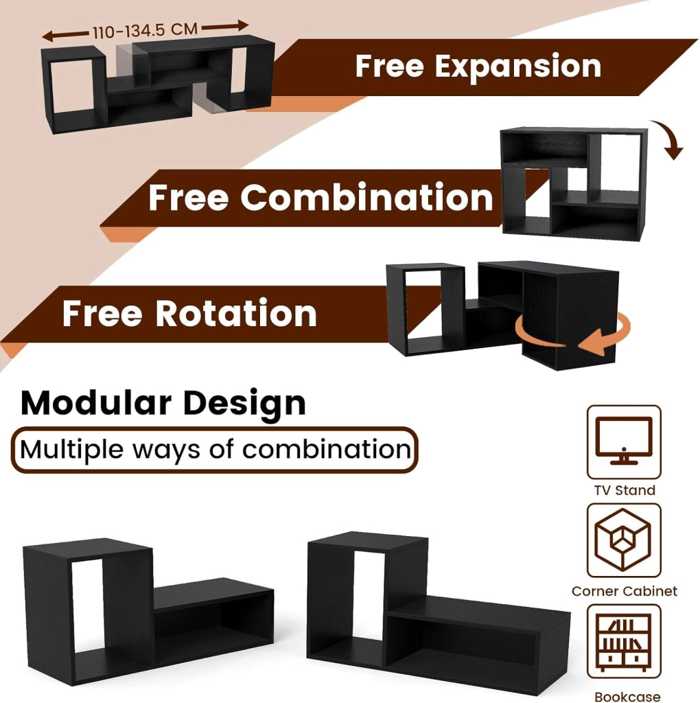 Mobile per TV, combinabile, in legno, 2 pezzi, per TV fino a 60 pollici, scaffale angolare multifunzionale, colore nero