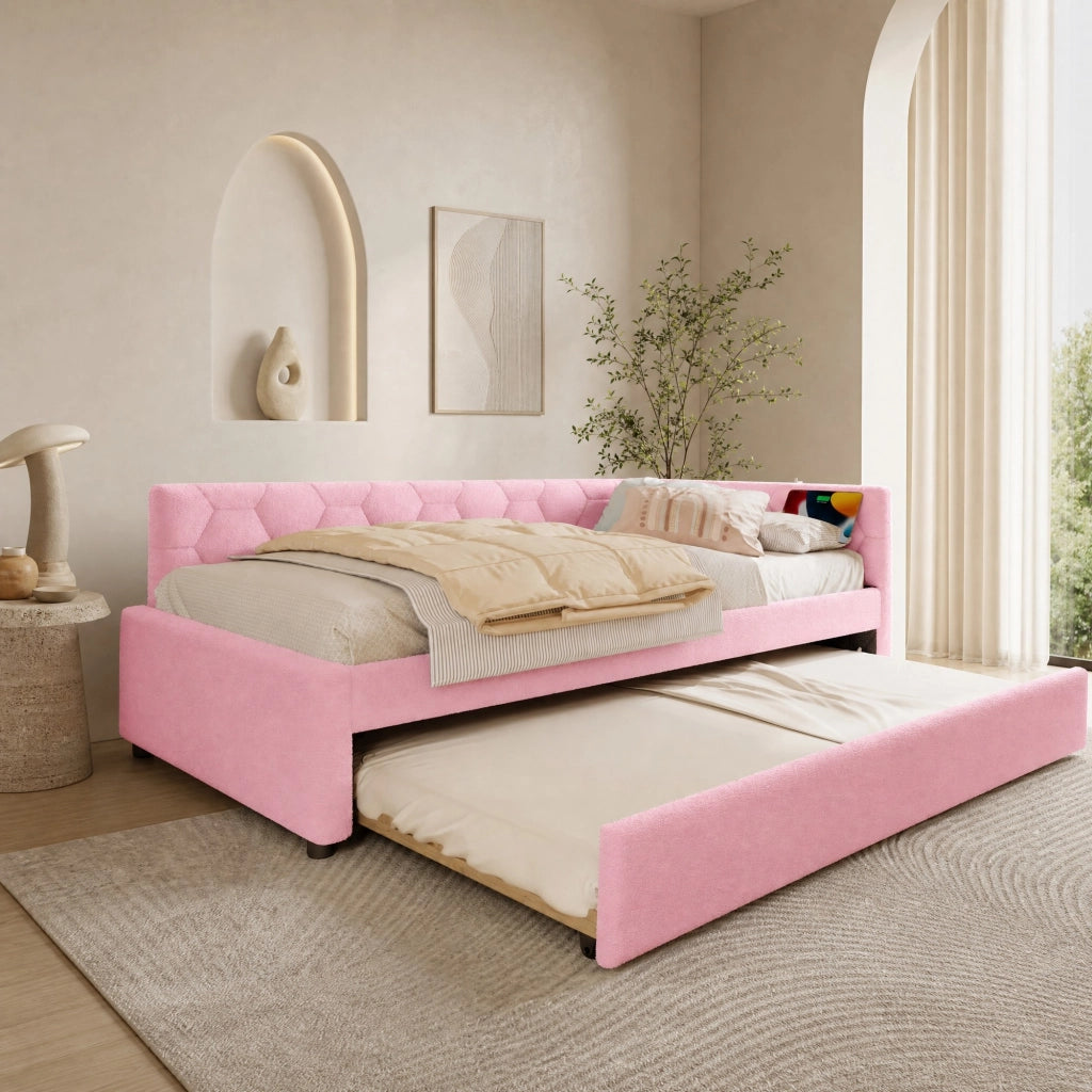 Letto singolo 90x200 cm con letto estraibile, USB e luce rosa