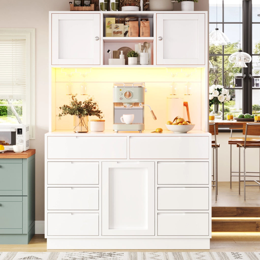 Hochschrank cucina 120x40x183.5 cm con illuminazione LED; 8 cassetti e chiusura magnetica in MDF bianco