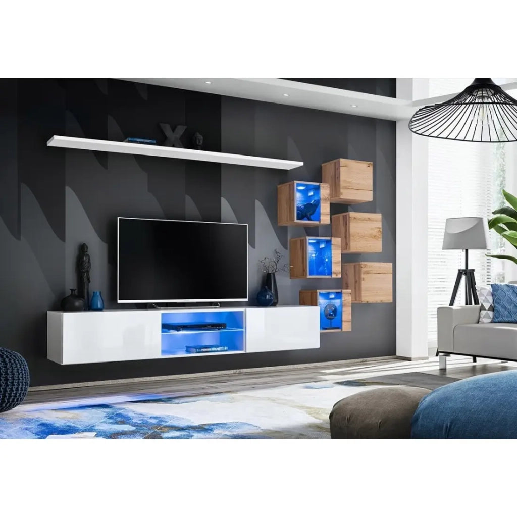 Set di mobili da salotto SWITCH XXI – LED – Bianco e rovere – Design sospeso
