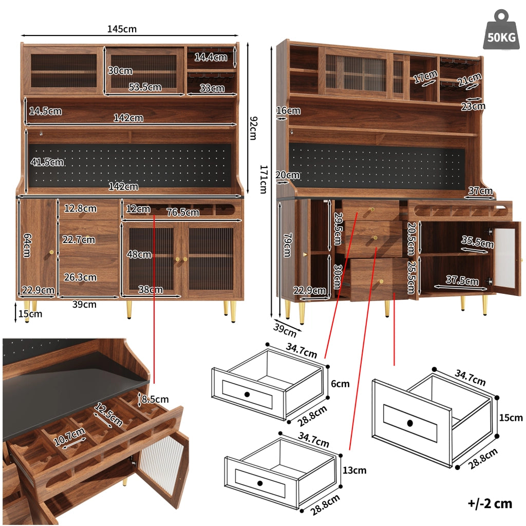 Credenza Alta da Cucina con Ripiani Regolabili; LED USB e Portabicchieri; 145 x 39 x 171 cm