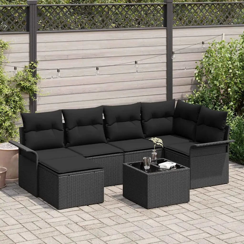 Set Divano da Giardino con cuscino 7 pcs Nero polyrattan