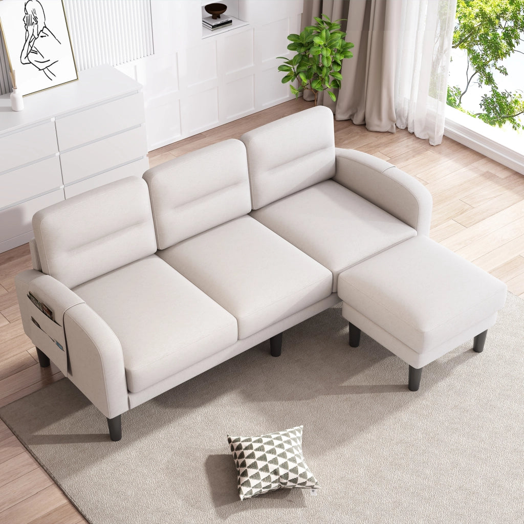 Divano ad angolo 3 posti con chaise longue e tasche laterali, struttura modulare in tessuto beige 204 × 136 × 80 cm