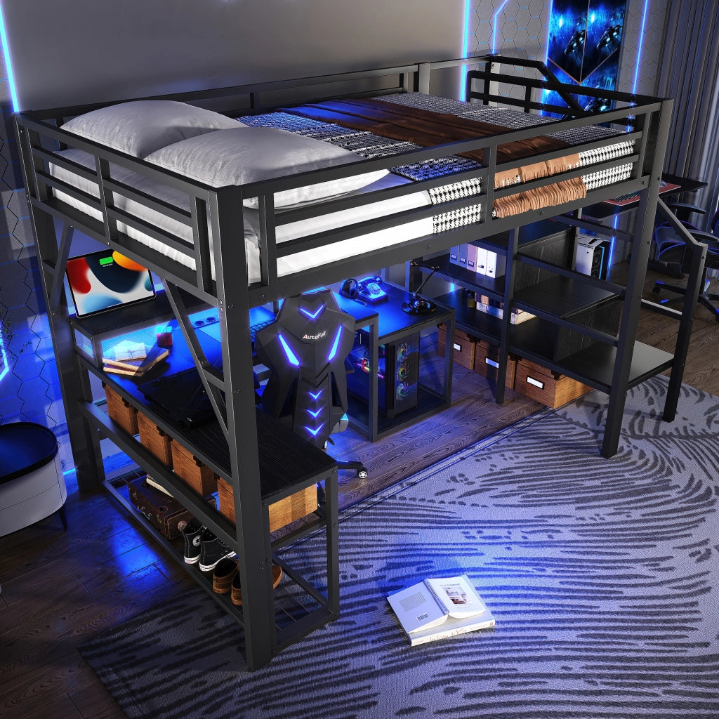 Letto a castello nero in metallo con funzione scrivania e illuminazione LED 140x200 cm