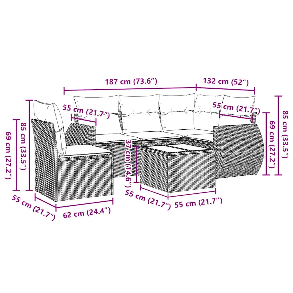 Set Divano da Giardino 6 pz con Cuscini Nero in Polyrattan