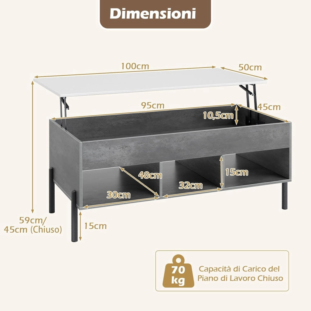 Tavolino da Caffè Sollevabile, Tavolo da Salotto con Piano Sollevabile, Ampio Comparto Nascosto, 3 Scomparti Aperti e Gambe in Metallo, Ideale per Salotto e Ufficio (Grigio)